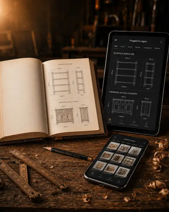 Progetti in legno con misure in centimetri — dal libro al tablet e al telefono